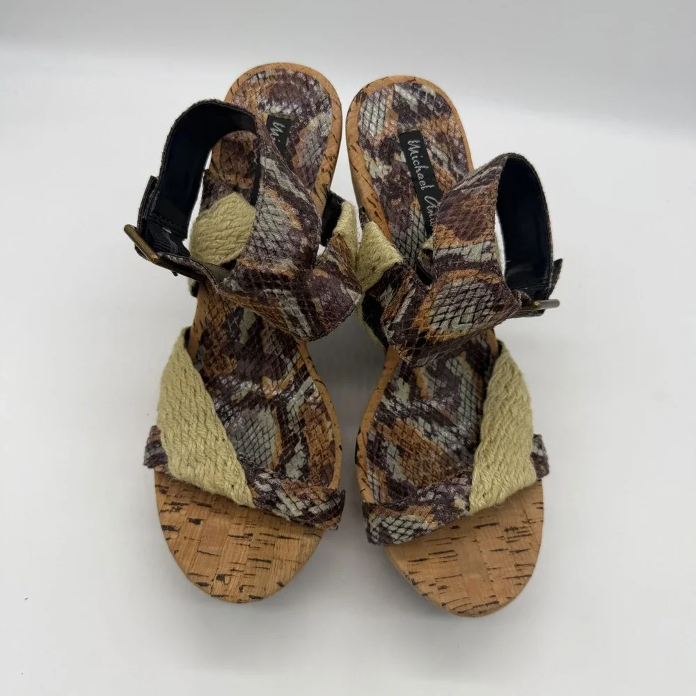 Michael Antonio Snakeskin Cork Platform Wedge Sandals Brown Tan 8